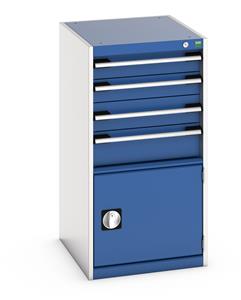 Bott Cubio 4 Drawer,1 Door Cabinet 525Wx650Dx1000mmH Bott Cubio Drawer Cabinets 525 x 650 Engineering tool storage cabinets 40018055.11v Gentian Blue (RAL5010) 40018055.24v Crimson Red (RAL3004) 40018055.19v Dark Grey (RAL7016) 40018055.16v Light Grey (RAL7035) 40018055.RAL Bespoke colour £ extra will be quoted